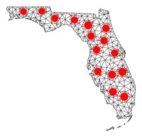 Network Polygonal Map of Florida State with Red Virus Elements Ilustración de archivo