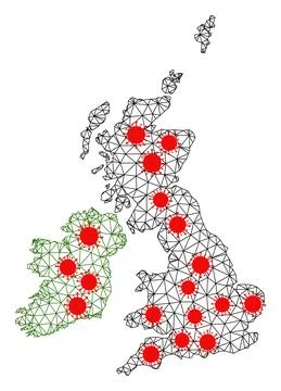 Network Polygonal Map of Great Britain and Ireland with Red Infection Nodes Stockillustratie