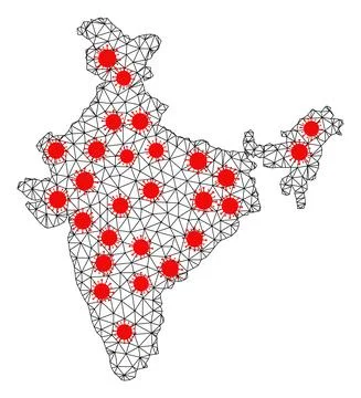 Network Polygonal Map of India with Red Virus Elements Stock Illustration