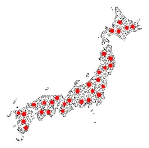 Network Polygonal Map of Japan with Red Covid Elements Ilustración de archivo