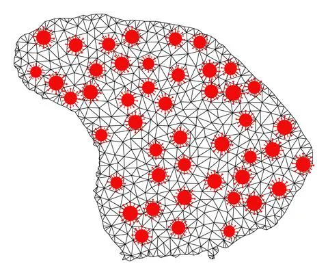 Network Polygonal Map of Lanai Island with Red Virus Nodes Illustrazione stock