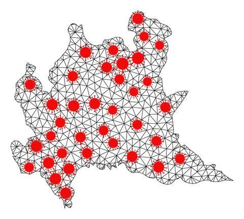 Network Polygonal Map of Lombardy Region with Red Covid Nodes 库存插图