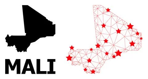 Network Polygonal Map of Mali with Red Stars Stock Illustration