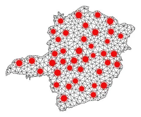 Network Polygonal Map of Minas Gerais State with Red Infection Elements Illustrazione stock