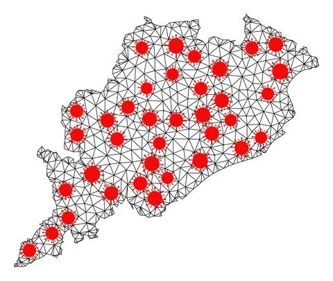 Network Polygonal Map of Odisha State with Red Infection Elements Illustrazione stock
