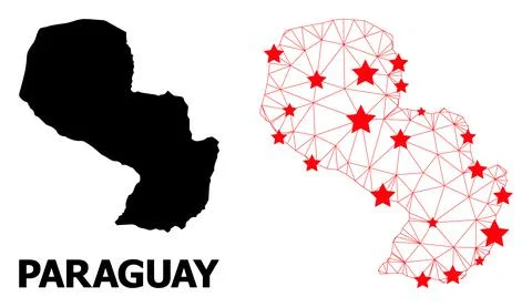 Network Polygonal Map of Paraguay with Red Stars Stock Illustration