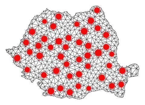 Network Polygonal Map of Romania with Red Infection Nodes Stock Illustration