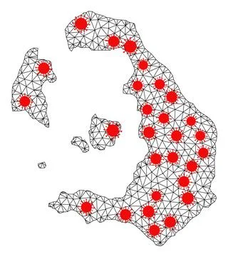 Network Polygonal Map of Santorini Island with Red Infection Nodes 库存插图