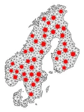 Network Polygonal Map of Scandinavia with Red Covid Nodes 库存插图