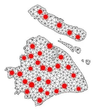 Network Polygonal Map of Shanghai Municipality with Red Infectious Elements Illustrazione stock