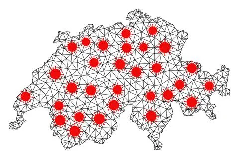 Network Polygonal Map of Switzerland with Red Coronavirus Nodes Stock Illustration