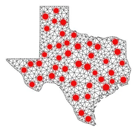 Network Polygonal Map of Texas State with Red Covid Elements Stock Illustration