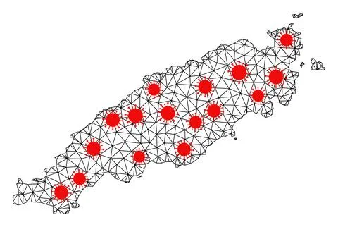Network Polygonal Map of Tobago Island with Red Infection Nodes Illustrazione stock