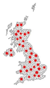 Network Polygonal Map of United Kingdom with Red Coronavirus Elements Stock Illustration