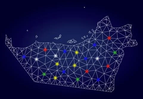 Network Polygonal Vector Abu Dhabi Emirate Map with Bright Glow Spots Stock Illustration
