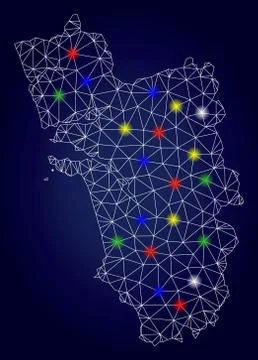 Network Polygonal Vector Goa State Map with Color Glowing Spots Stock Illustration