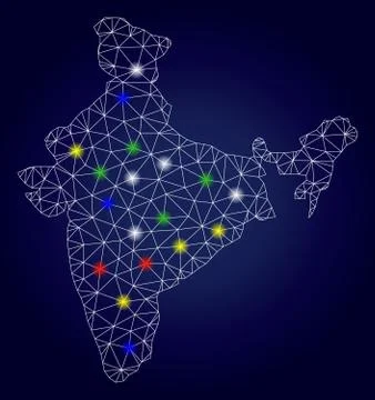 Network Polygonal Vector India Map with Color Light Spots Stock Illustration