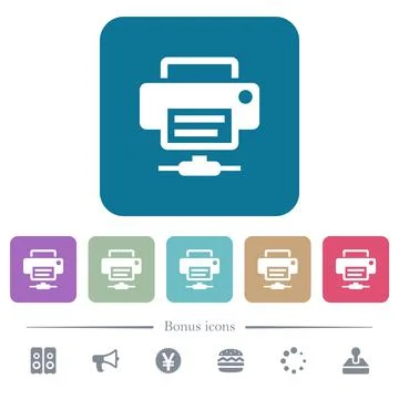 Network printer flat icons on color rounded square backgrounds Illustrazione stock