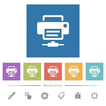 Network printer flat white icons in square backgrounds Stock Illustration