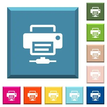 Network printer white icons on edged square buttons Stock Illustration