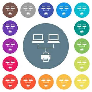 Network printing flat white icons on round color backgrounds Illustrazione stock