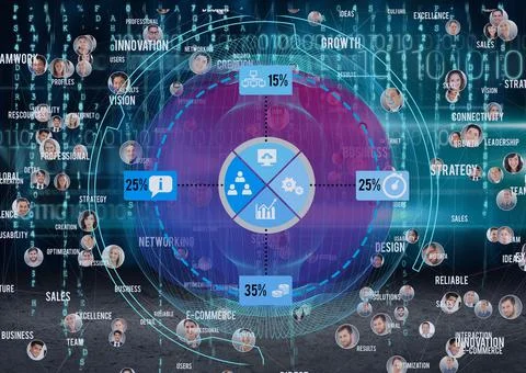 Network of profile icons against binary coding data processing on blue 库存照片