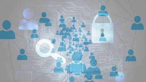 Network of profile icons against security padlock icon and microprocessor Stock Footage 155977677