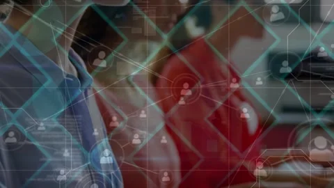 Network of profile icons and abstract design pattern over caucasian woman using Stock Footage 327446828