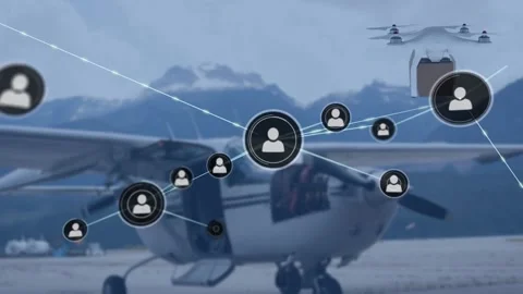 Network of profile icons and drone carrying a delivery box against plane parked Vidéo 168359531