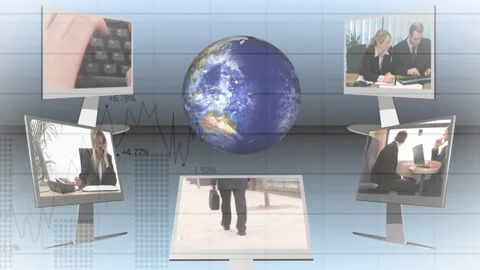 Network of profile icons over globe against mid section of man using computer at 스톡 동영상 327125414