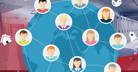 Network of profile icons over globe and server room against red technology Illustrazione stock