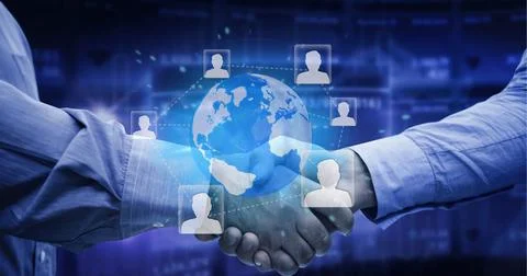Network of profile icons over globe against mid section of two businessmen Stock Photos