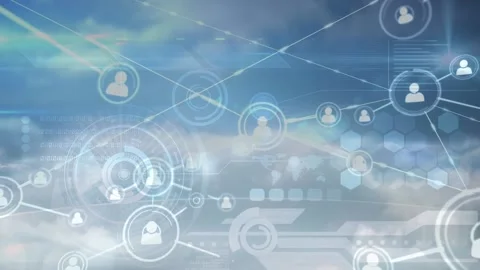 Network of profile icons over round scanner and data processing against clouds Vidéo 155977616