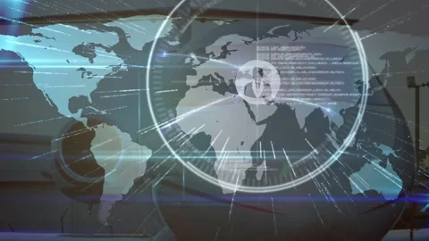 Network of profile icons over world map against private jet on airport runway Vidéo 157907771