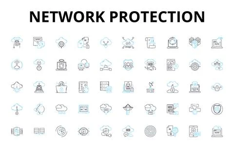 Network protection linear icons set. Firewall, Encryption, Antivirus, Malware Illustrazione stock