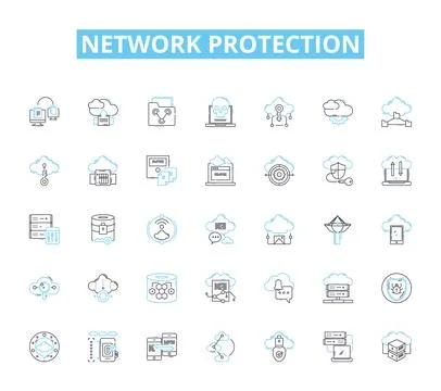 Network protection linear icons set. Firewall, Encryption, Antivirus, Malware Illustrazione stock