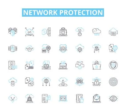 Network protection linear icons set. Firewall, Encryption, Antivirus, Malware Stock Illustration