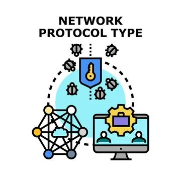 Network protocol type with cyber security shield Stock Illustration