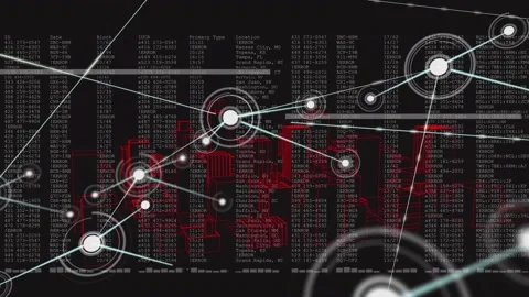 Network pulsing node rings and extending cyan lines over red text highlights for Video stock 317265433