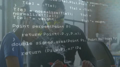 Network-reading code appearing over makerspace while mentor guiding student Video stock 313240149