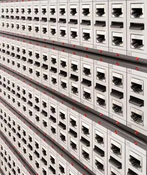Network RJ-45 patch panel with switches in switching center. Close up view fr Stock Photos