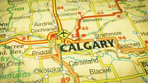 Network of roads leading to Calgary, Canada – gliding view over an atlas map Stock Footage 345784315