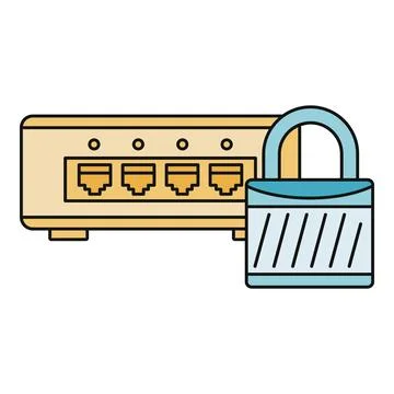 Network router with padlock symbolizing cybersecurity and data protection Stock Illustration