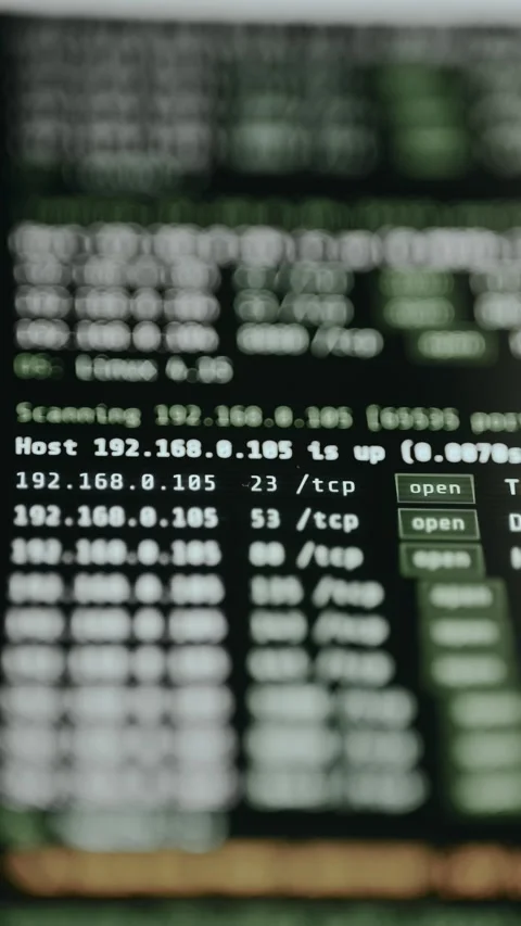 Network scan results displaying open ports across multiple IP addresses Stock Footage 333382355