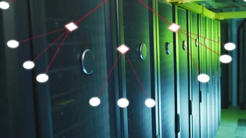 Network scan starting, overlay appearing on racks, nodes brightening and linking Stock Footage 332590874