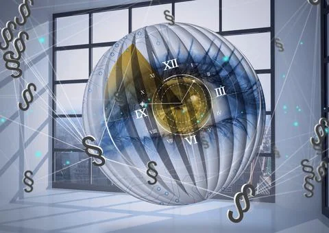 Network of section signs over human eye and roman clock on globe spinning Foto stock