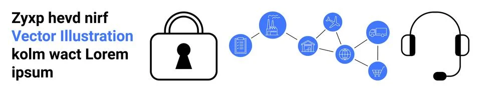 Network Security and Communication Concept with Lock, Nodes, and Headset Icon Stock Illustration