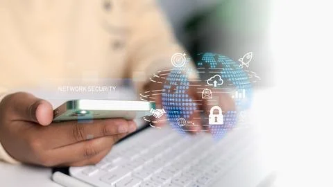 Network Security and Data Protection Concept with Smartphone and Digital Icon Stockfoto's