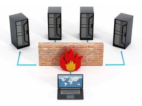 Network security concept with a brick wall in front of laptop computer. 3D... Stock Photos