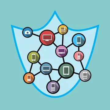 Network security concept illustration. Network with shield. Symbol of network Stock Illustration
